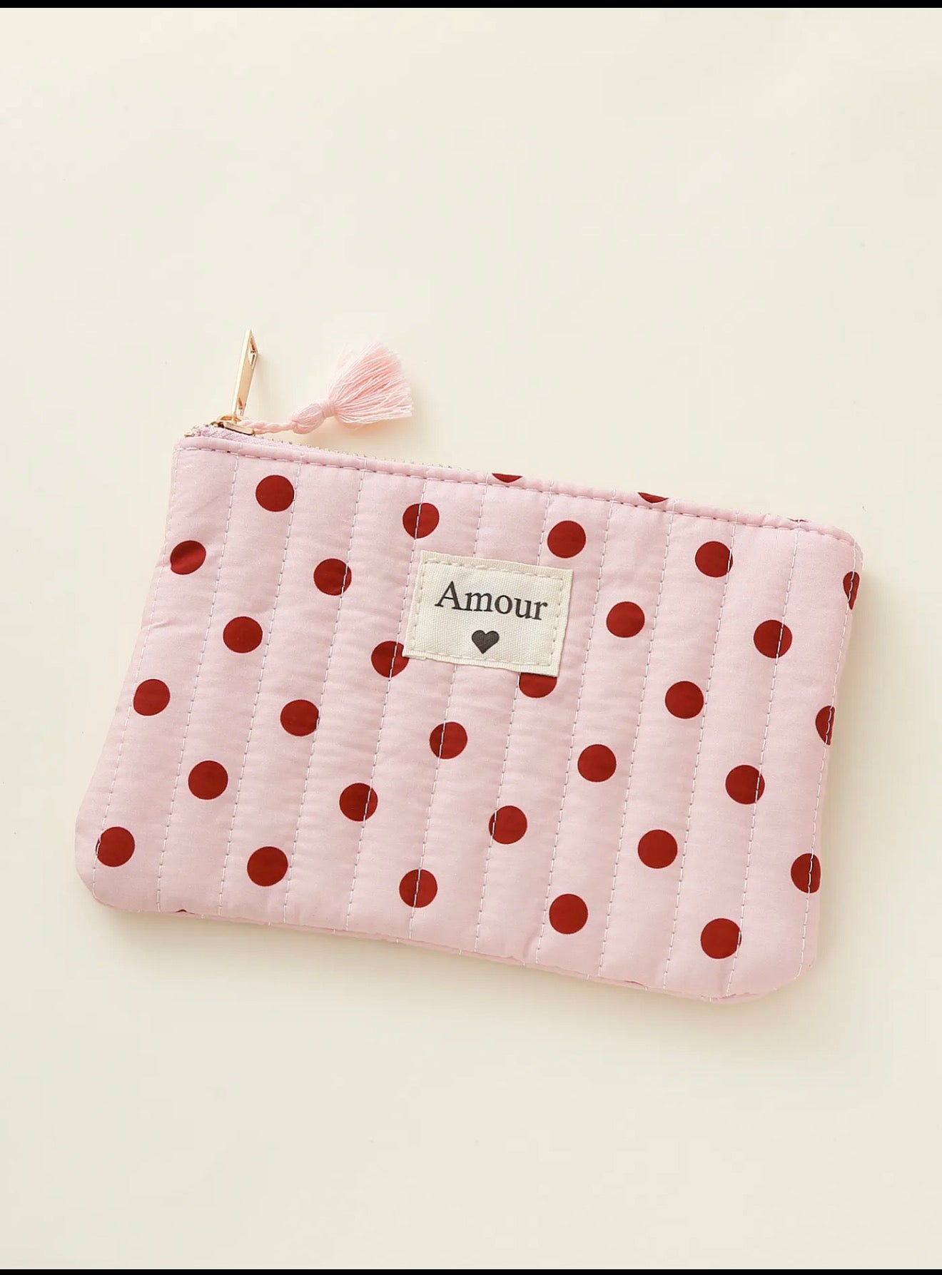 Pochette Matelassée « Amour » – Rose à Pois Rouges