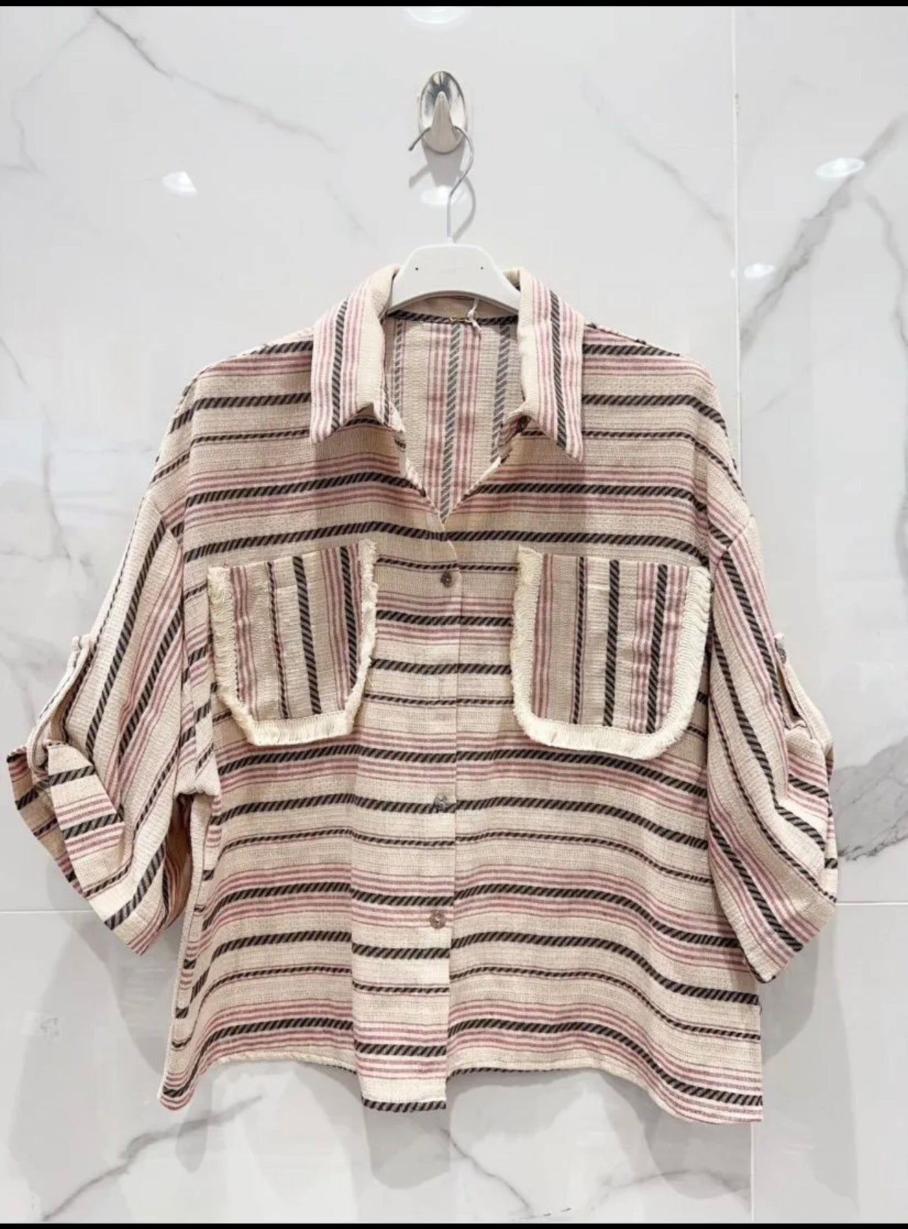 Chemise Rayée Beige & Rose – Taille Unique