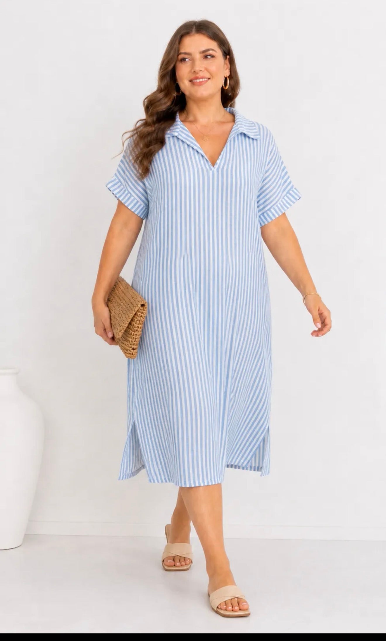 Robe longue chemise à rayures – Bleu ciel & Blanc